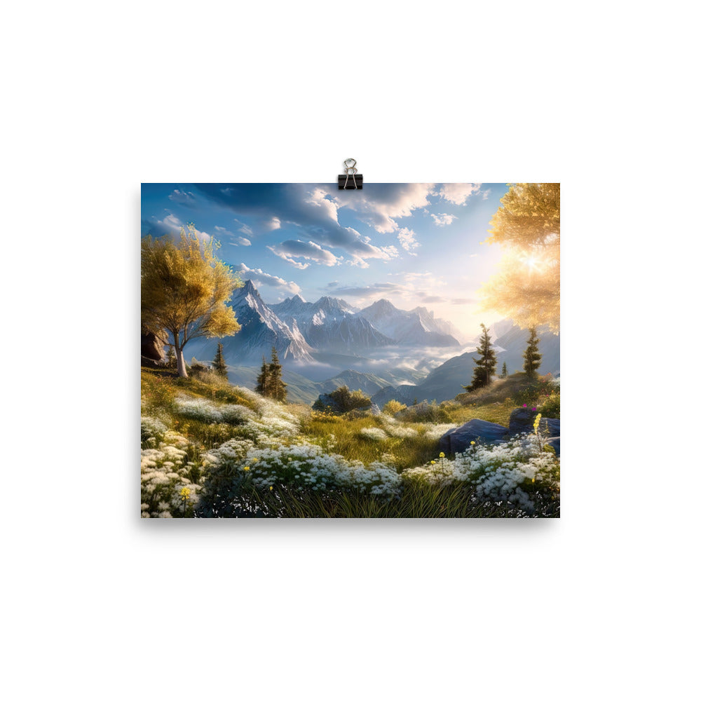 Berglandschaft mit Sonnenschein, Blumen und Bäumen - Malerei - Premium Poster (glänzend) berge xxx 20.3 x 25.4 cm
