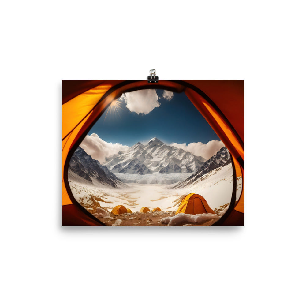 Foto aus dem Zelt - Berge und Zelte im Hintergrund - Tagesaufnahme - Premium Poster (glänzend) camping xxx 20.3 x 25.4 cm