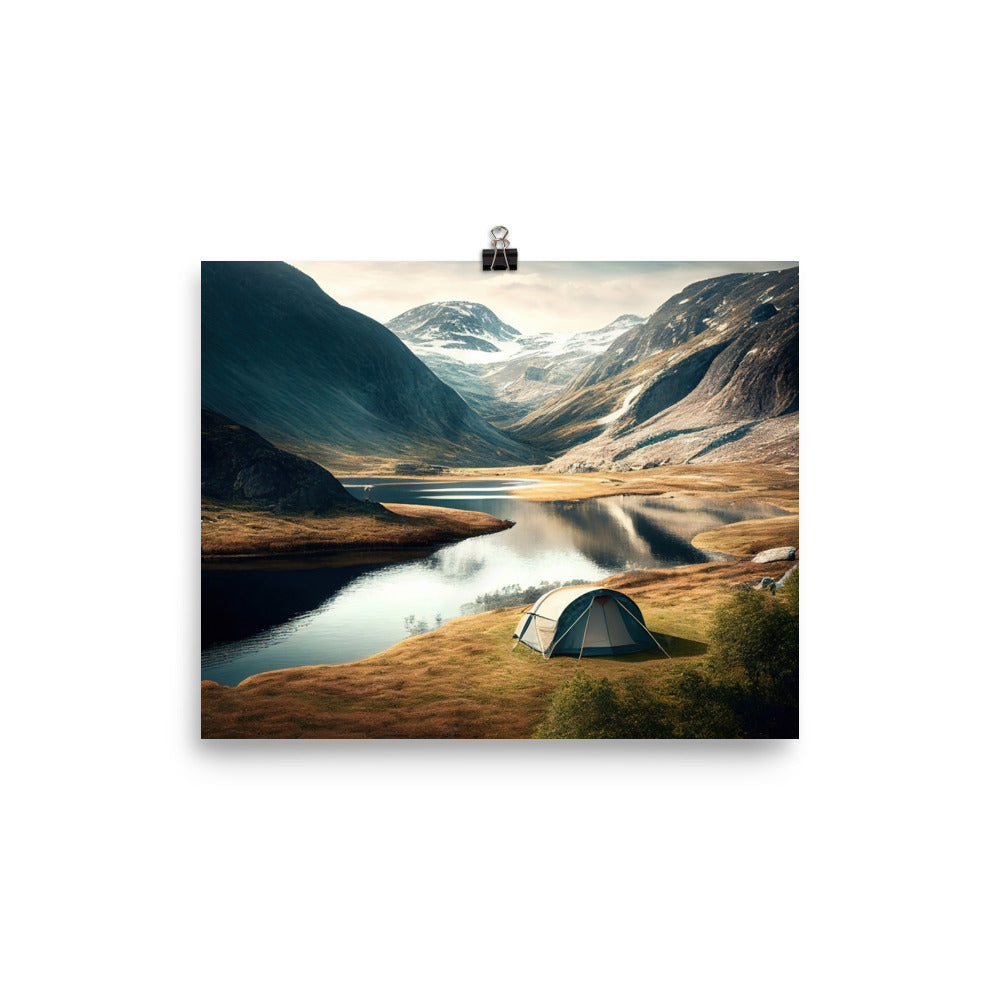Zelt, Berge und Bergsee - Premium Poster (glänzend) camping xxx 20.3 x 25.4 cm