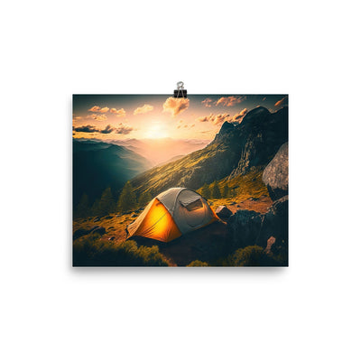 Zelt auf Berg im Sonnenaufgang - Landschafts - Premium Poster (glänzend) camping xxx 20.3 x 25.4 cm
