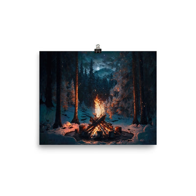 Lagerfeuer beim Camping - Wald mit Schneebedeckten Bäumen - Malerei - Premium Poster (glänzend) camping xxx 20.3 x 25.4 cm