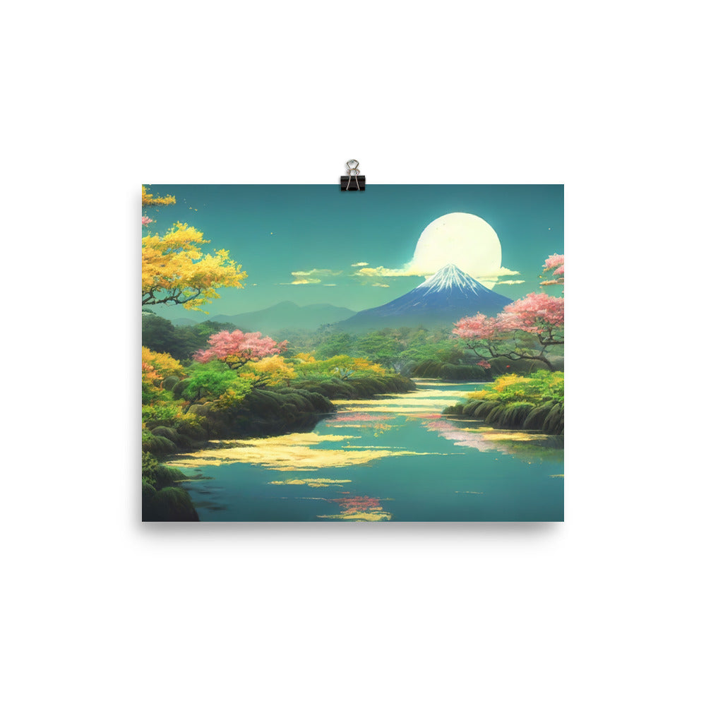 Berg, See und Wald mit pinken Bäumen - Landschaftsmalerei - Premium Poster (glänzend) berge xxx 20.3 x 25.4 cm