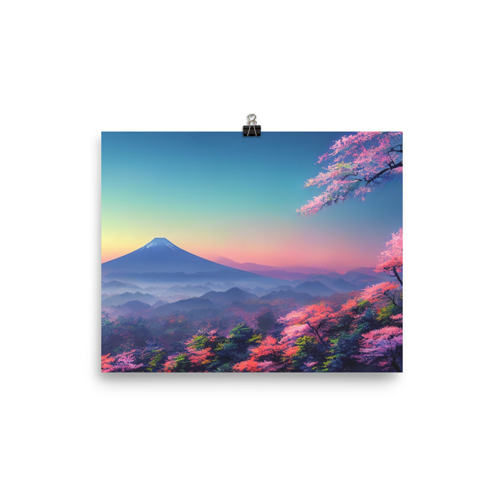 Berg und Wald mit pinken Bäumen - Landschaftsmalerei - Premium Poster (glänzend) berge xxx 20.3 x 25.4 cm