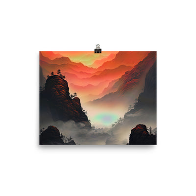 Gebirge, rote Farben und Nebel - Episches Kunstwerk - Premium Poster (glänzend) berge xxx 20.3 x 25.4 cm