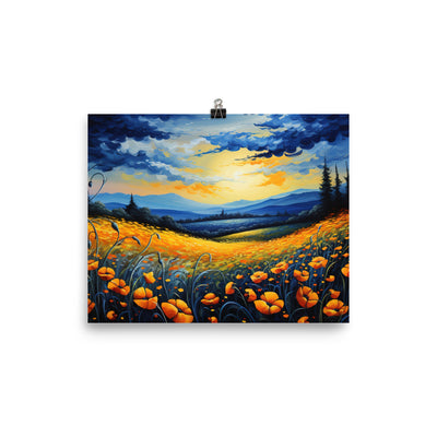 Berglandschaft mit schönen gelben Blumen - Landschaftsmalerei - Premium Poster (glänzend) berge xxx 20.3 x 25.4 cm