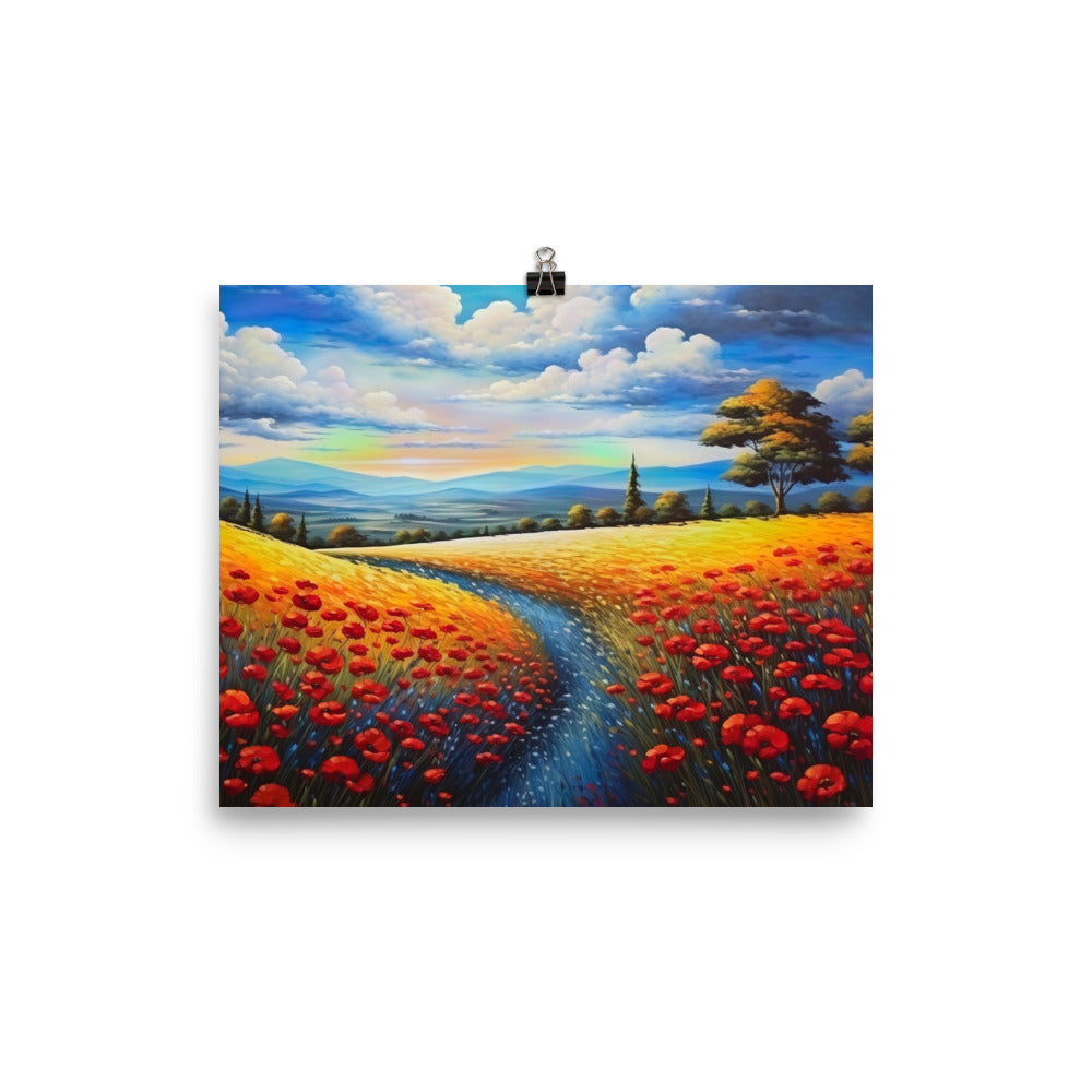 Feld mit roten Blumen und Berglandschaft - Landschaftsmalerei - Premium Poster (glänzend) berge xxx 20.3 x 25.4 cm