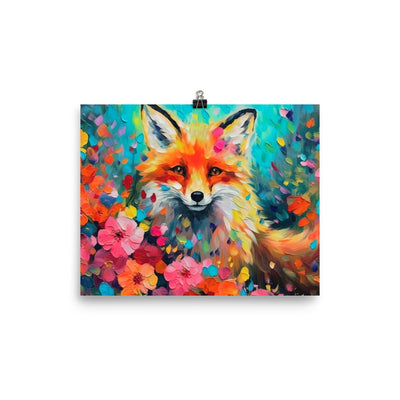 Schöner Fuchs im Blumenfeld - Farbige Malerei - Premium Poster (glänzend) camping xxx 20.3 x 25.4 cm