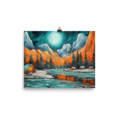 Berglandschaft und Zelte - Nachtstimmung - Landschaftsmalerei - Premium Poster (glänzend) camping xxx 20.3 x 25.4 cm