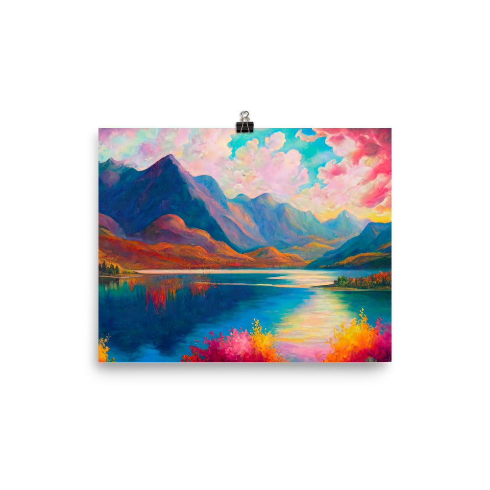 Berglandschaft und Bergsee - Farbige Ölmalerei - Premium Poster (glänzend) berge xxx 20.3 x 25.4 cm