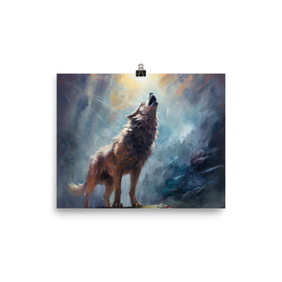 Heulender Wolf auf Berggipfel und Mond im Hintergrund – Abstrakte Malerei - Premium Poster (glänzend) camping xxx 20.3 x 25.4 cm