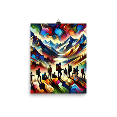 Abstraktes Kunstgemälde der Alpen voller lebendiger Muster. Ein vielfältiges Wanderteam, sowohl Männer als auch Frauen - Premium Luster wandern xxx yyy zzz 20.3 x 25.4 cm