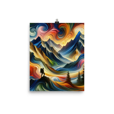 Abstraktes Kunstgemälde der Alpen mit wirbelnden, lebendigen Farben und dynamischen Mustern. Wanderer Silhouette - Premium Luster Photo wandern xxx yyy zzz 20.3 x 25.4 cm