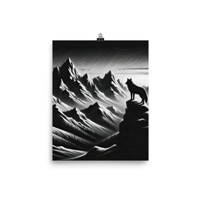 Kohlezeichnung, die die stille Stille der Alpen in der Winterdämmerung verkörpert. Wolf auf einem Berghügel (AN) - Premium Luster Photo xxx yyy zzz 20.3 x 25.4 cm