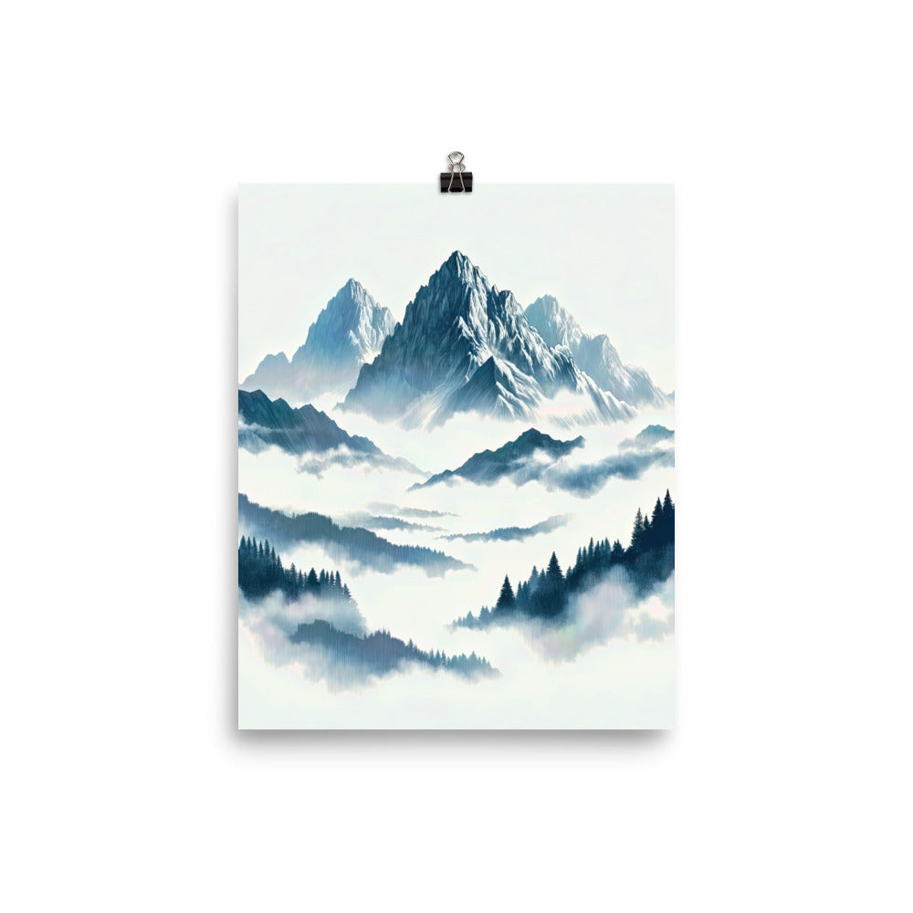 Nebeliger Alpenmorgen-Essenz, verdeckte Täler und Wälder - Premium Poster (glänzend) berge xxx yyy zzz 20.3 x 25.4 cm