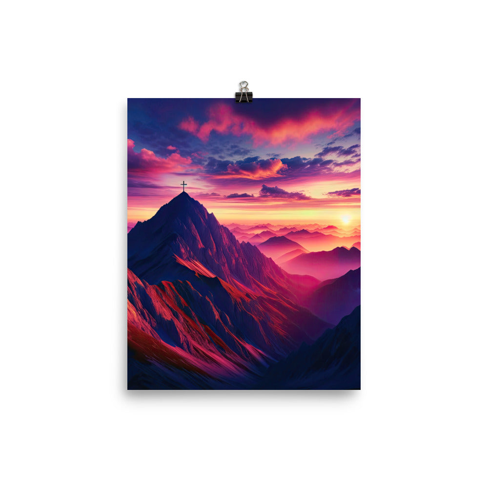 Dramatischer Alpen-Sonnenaufgang, Gipfelkreuz und warme Himmelsfarben - Premium Poster (glänzend) berge xxx yyy zzz 20.3 x 25.4 cm