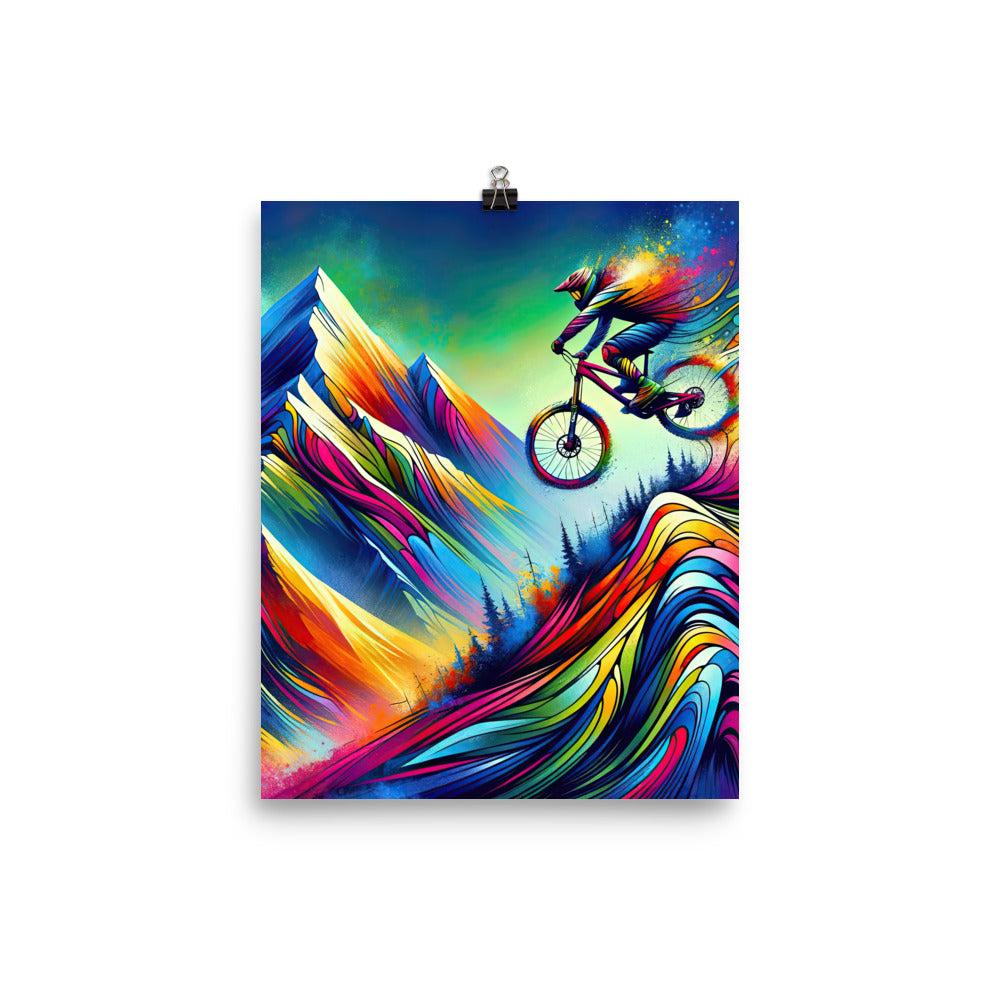 Mountainbiker in farbenfroher Alpenkulisse mit abstraktem Touch (M) - Premium Poster (glänzend) xxx yyy zzz 20.3 x 25.4 cm