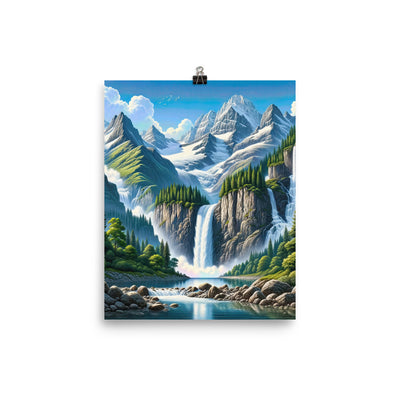 Illustration einer unberührten Alpenkulisse im Hochsommer. Wasserfall und See - Premium Poster (glänzend) berge xxx yyy zzz 20.3 x 25.4 cm