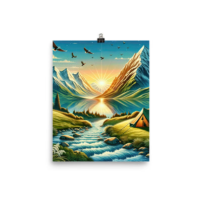 Zelt im Alpenmorgen mit goldenem Licht, Schneebergen und unberührten Seen - Premium Poster (glänzend) berge xxx yyy zzz 20.3 x 25.4 cm
