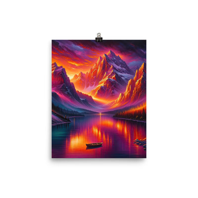 Ölgemälde eines Bootes auf einem Bergsee bei Sonnenuntergang, lebendige Orange-Lila Töne - Premium Poster (glänzend) berge xxx yyy zzz 20.3 x 25.4 cm