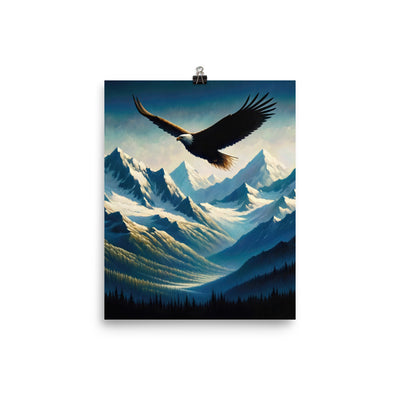Ölgemälde eines Adlers vor schneebedeckten Bergsilhouetten - Premium Poster (glänzend) berge xxx yyy zzz 20.3 x 25.4 cm