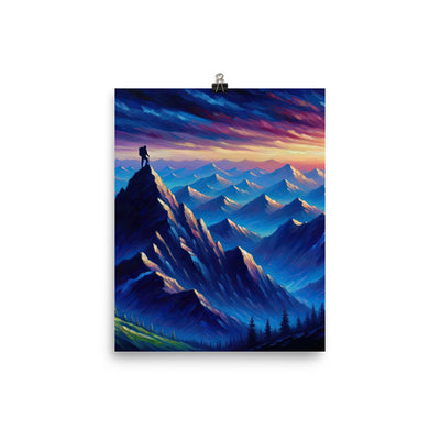 Ölgemälde eines ruhigen Alpenabends mit Bergsteigersilhouette auf dem Gipfel - Premium Poster (glänzend) wandern xxx yyy zzz 20.3 x 25.4 cm