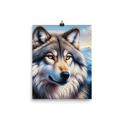 Ölgemäldeporträt eines majestätischen Wolfes mit intensiven Augen in der Berglandschaft (AN) - Premium Poster (glänzend) xxx yyy zzz 20.3 x 25.4 cm