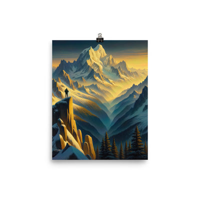 Ölgemälde eines Wanderers bei Morgendämmerung auf Alpengipfeln mit goldenem Sonnenlicht - Premium Poster (glänzend) wandern xxx yyy zzz 20.3 x 25.4 cm