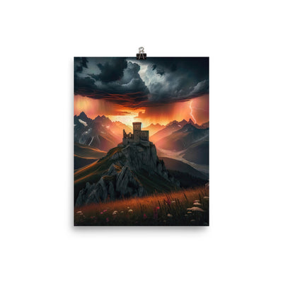 Foto einer Alpenburg bei stürmischem Sonnenuntergang, dramatische Wolken und Sonnenstrahlen - Premium Poster (glänzend) berge xxx yyy zzz 20.3 x 25.4 cm