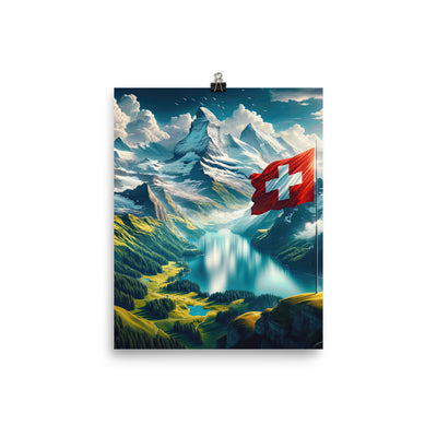 Ultraepische, fotorealistische Darstellung der Schweizer Alpenlandschaft mit Schweizer Flagge - Premium Poster (glänzend) berge xxx yyy zzz 20.3 x 25.4 cm