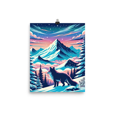 Vektorgrafik eines alpinen Winterwunderlandes mit schneebedeckten Kiefern und einem Fuchs - Premium Poster (glänzend) camping xxx yyy zzz 20.3 x 25.4 cm
