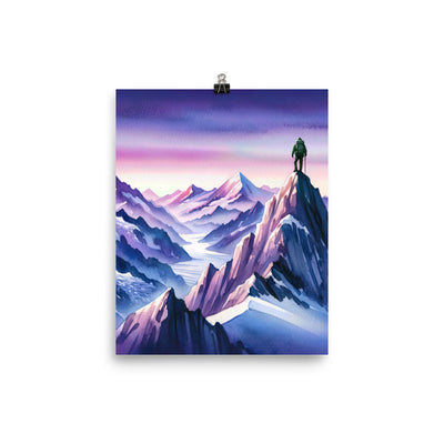 Aquarell eines Bergsteigers auf einem Alpengipfel in der Abenddämmerung - Premium Poster (glänzend) wandern xxx yyy zzz 20.3 x 25.4 cm