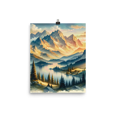 Aquarell der Alpenpracht bei Sonnenuntergang, Berge im goldenen Licht - Premium Poster (glänzend) berge xxx yyy zzz 20.3 x 25.4 cm