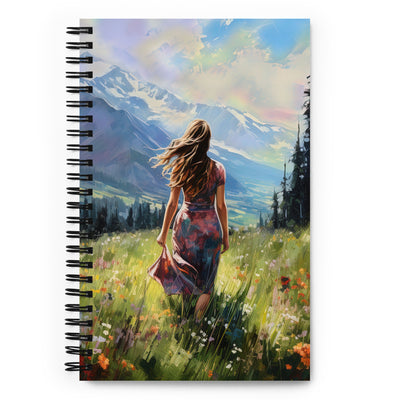 Frau mit langen Kleid im Feld mit Blumen - Berge im Hintergrund - Malerei - Notizbuch berge xxx Default Title