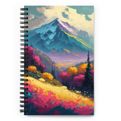 Berge, pinke und gelbe Bäume, sowie Blumen - Farbige Malerei - Notizbuch berge xxx Default Title