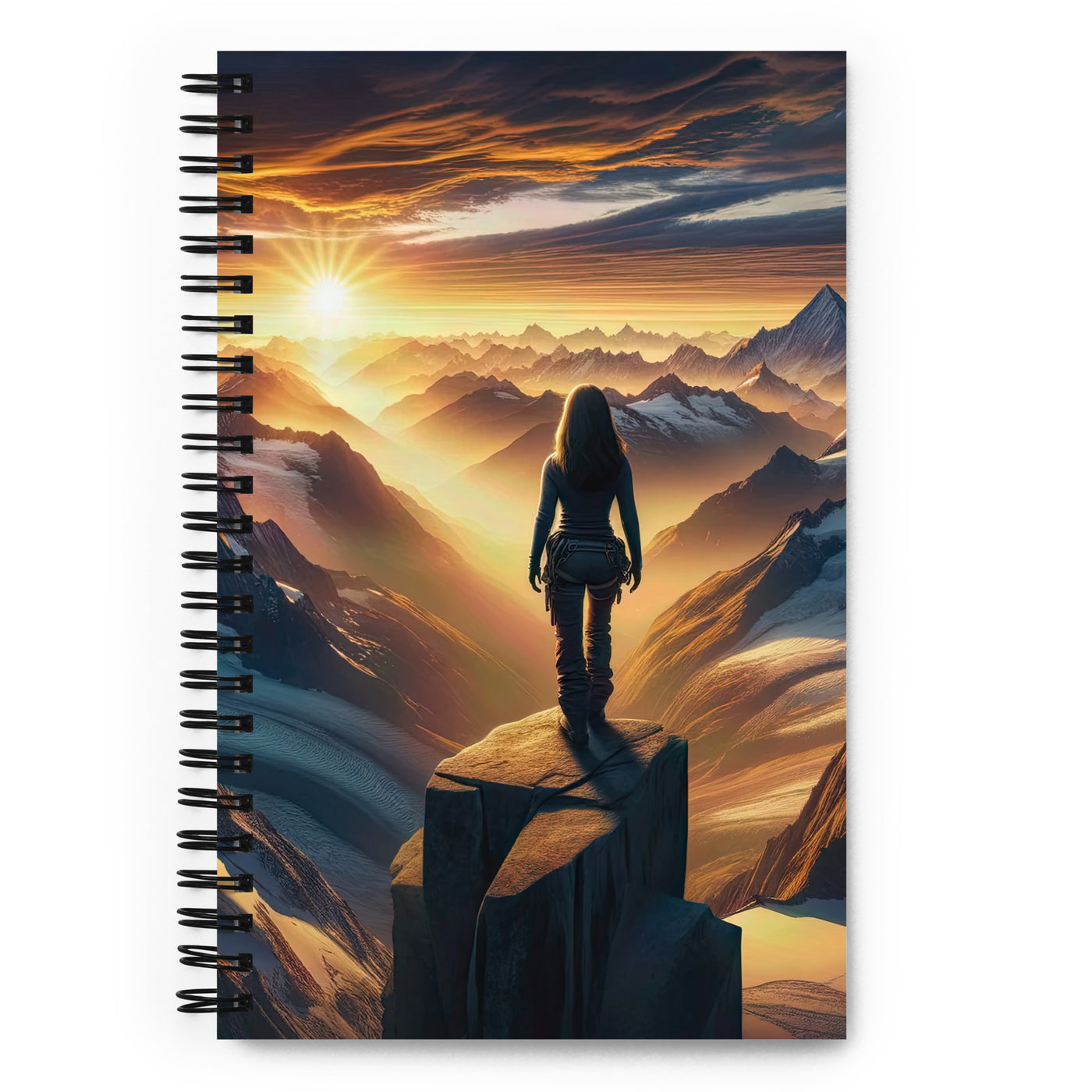 Fotorealistische Darstellung der Alpen bei Sonnenaufgang, Wanderin unter einem gold-purpurnen Himmel - Notizbuch wandern xxx yyy zzz Default Title