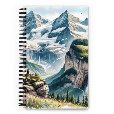 Aquarell-Panoramablick der Alpen mit schneebedeckten Gipfeln, Wasserfällen und Wanderern - Notizbuch wandern xxx yyy zzz Default Title
