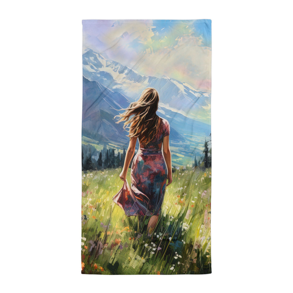 Frau mit langen Kleid im Feld mit Blumen - Berge im Hintergrund - Malerei - Handtuch berge xxx Default Title