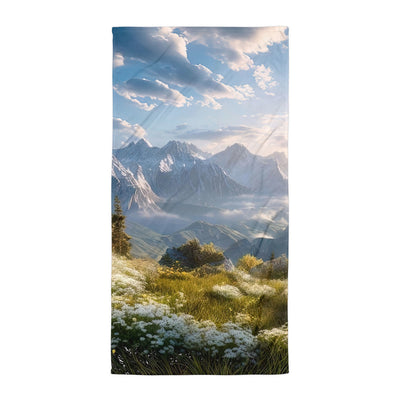 Berglandschaft mit Sonnenschein, Blumen und Bäumen - Malerei - Handtuch berge xxx Default Title