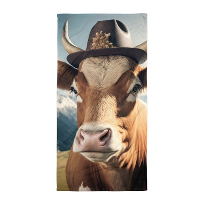 Kuh mit Hut in den Alpen - Berge im Hintergrund - Landschaftsmalerei - Handtuch berge xxx Default Title