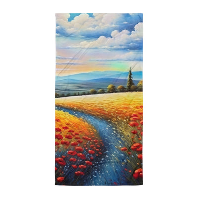 Feld mit roten Blumen und Berglandschaft - Landschaftsmalerei - Handtuch berge xxx Default Title