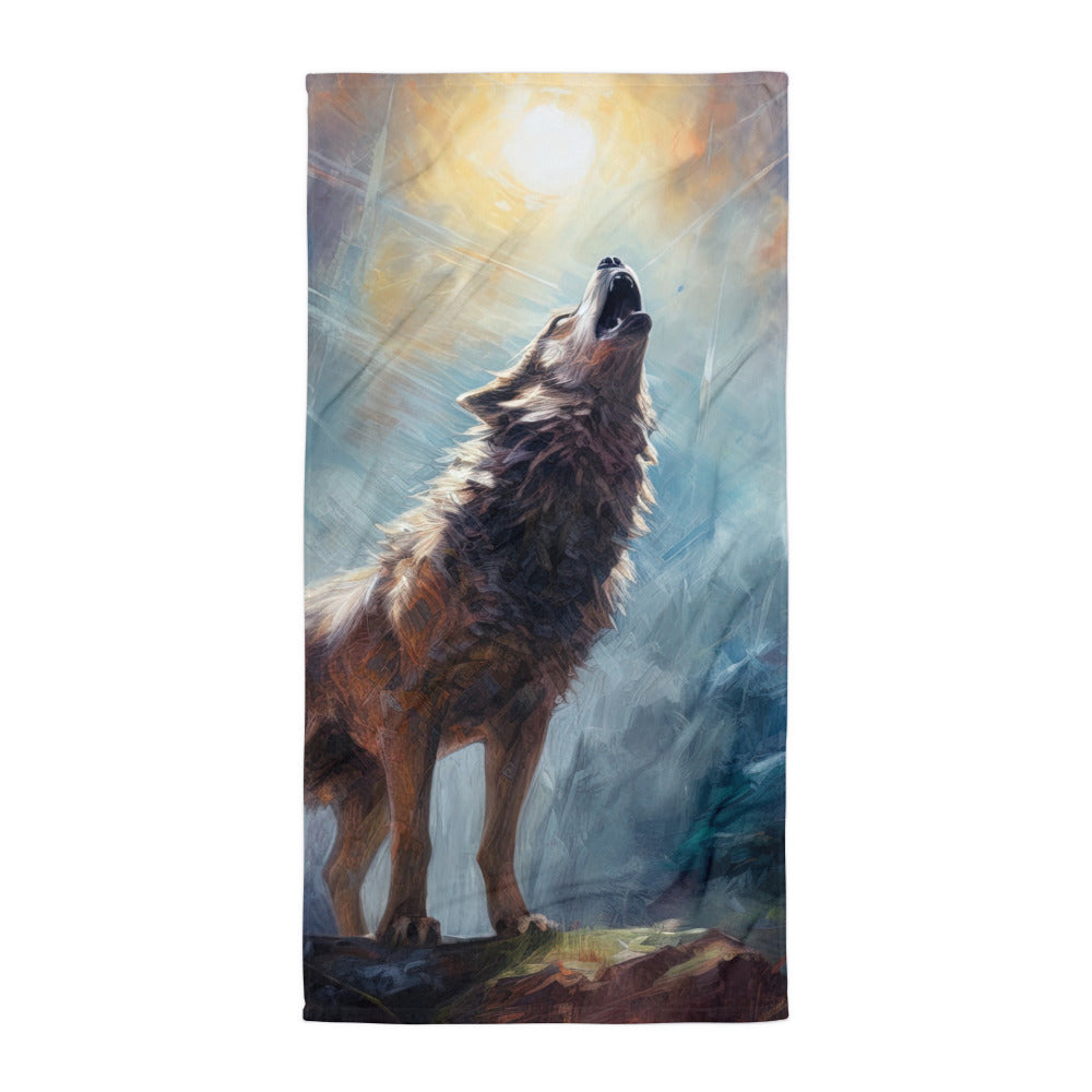 Heulender Wolf auf Berggipfel und Mond im Hintergrund – Abstrakte Malerei - Handtuch camping xxx Default Title