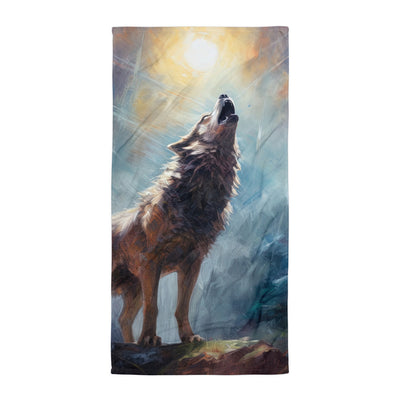 Heulender Wolf auf Berggipfel und Mond im Hintergrund – Abstrakte Malerei - Handtuch camping xxx Default Title