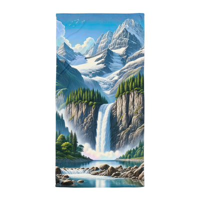 Illustration einer unberührten Alpenkulisse im Hochsommer. Wasserfall und See - Handtuch berge xxx yyy zzz Default Title
