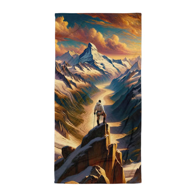 Ölgemälde eines Wanderers auf einem Hügel mit Panoramablick auf schneebedeckte Alpen und goldenen Himmel - Handtuch wandern xxx yyy zzz Default Title