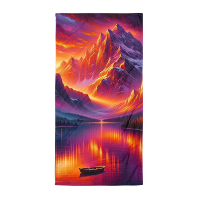 Ölgemälde eines Bootes auf einem Bergsee bei Sonnenuntergang, lebendige Orange-Lila Töne - Handtuch berge xxx yyy zzz Default Title