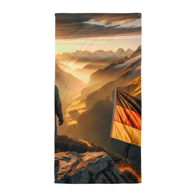 Foto der Alpen bei Sonnenuntergang mit deutscher Flagge und Wanderer, goldenes Licht auf Schneegipfeln - Handtuch berge xxx yyy zzz Default Title