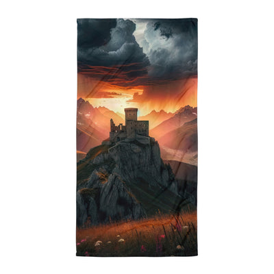 Foto einer Alpenburg bei stürmischem Sonnenuntergang, dramatische Wolken und Sonnenstrahlen - Handtuch berge xxx yyy zzz Default Title