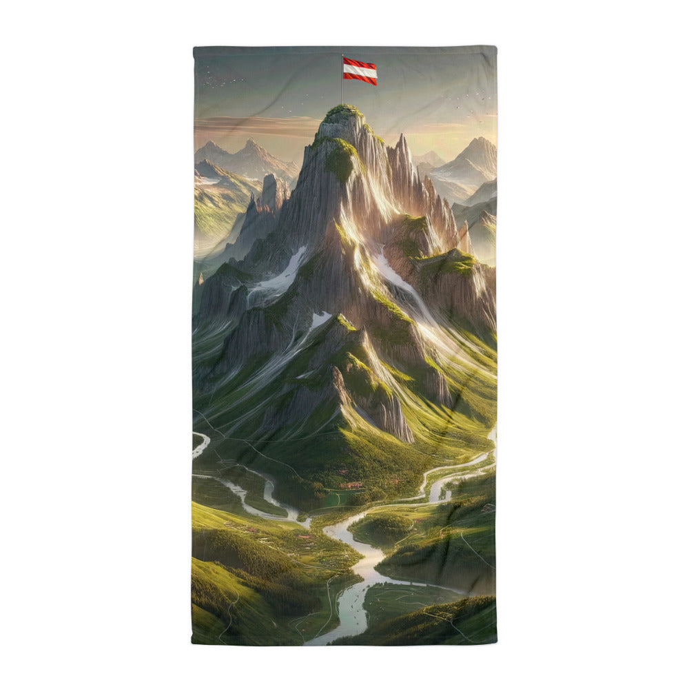 Fotorealistisches Bild der Alpen mit österreichischer Flagge, scharfen Gipfeln und grünen Tälern - Handtuch berge xxx yyy zzz Default Title