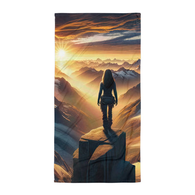 Fotorealistische Darstellung der Alpen bei Sonnenaufgang, Wanderin unter einem gold-purpurnen Himmel - Handtuch wandern xxx yyy zzz Default Title