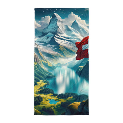 Ultraepische, fotorealistische Darstellung der Schweizer Alpenlandschaft mit Schweizer Flagge - Handtuch berge xxx yyy zzz Default Title
